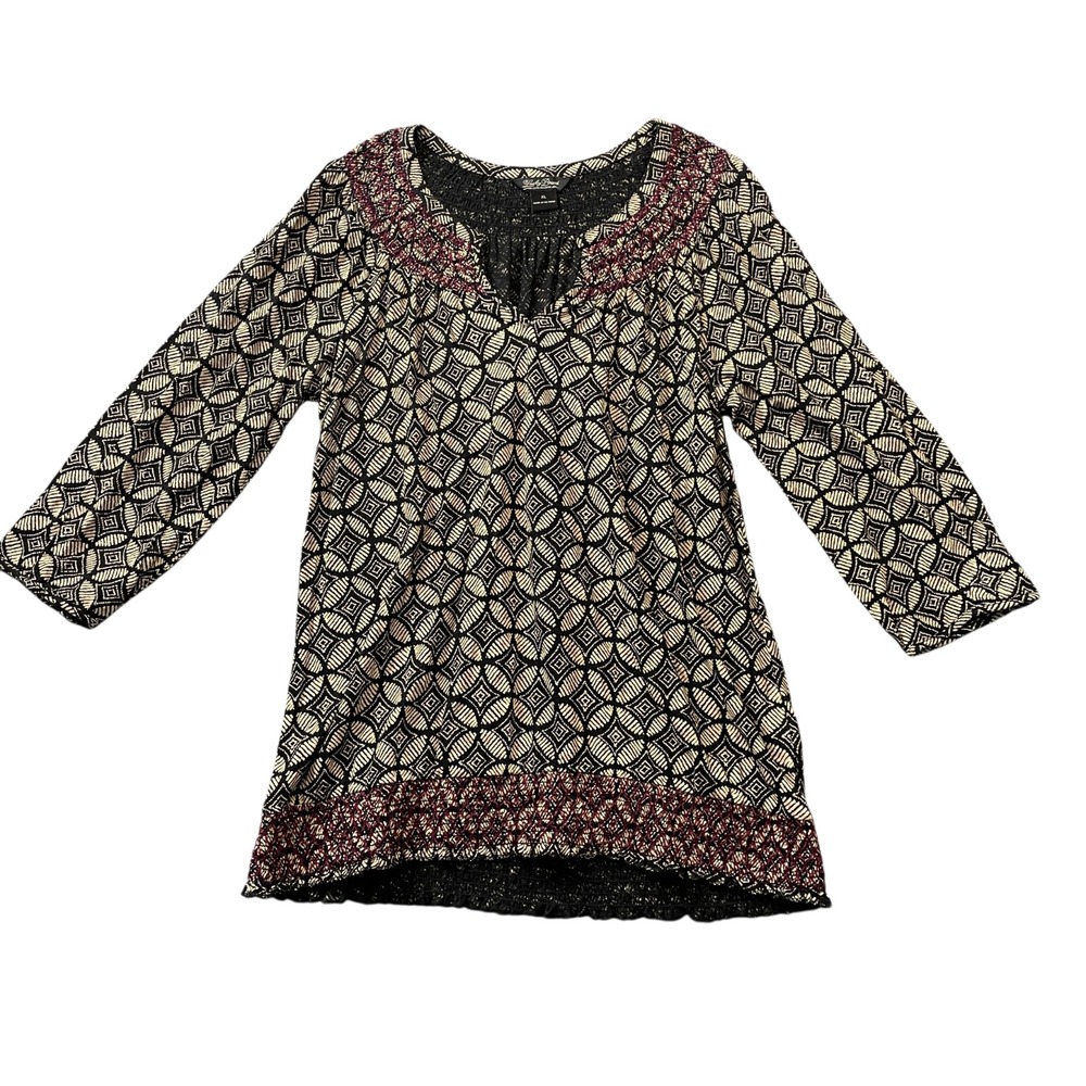 Lucky Brand Shirt Women's XL Black Boho Geometric Embroidered V-Neck Tunic Top